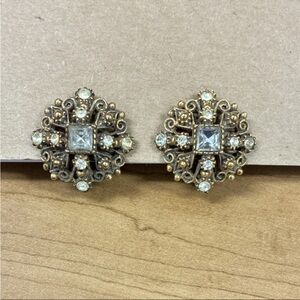 Florenza Signed Beautiful Antique Clip On  Rhinestone Earrings Gold Tone